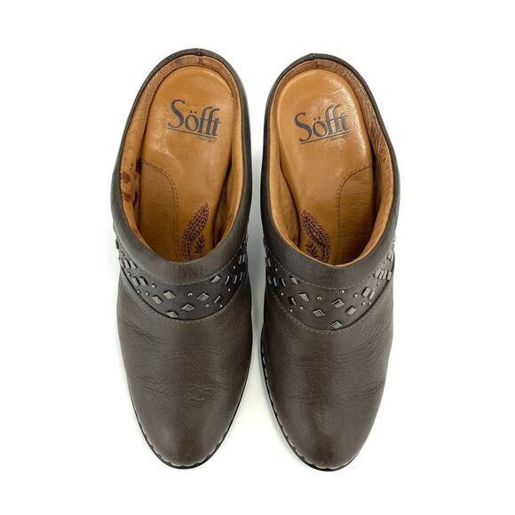 Sofft Soleil High Heel Clog/Mule Size 7.5 Brown/Green Leather Cushioned Studded - Picture 10 of 15